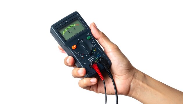 Hand holding a digital multimeter for electrical testing.