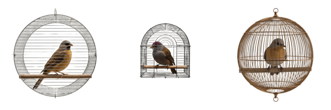 Set of budgerigar parakeet bird isolated on white and in a wire cage with swing and feeding bowl isolated on transparent png background oil paint