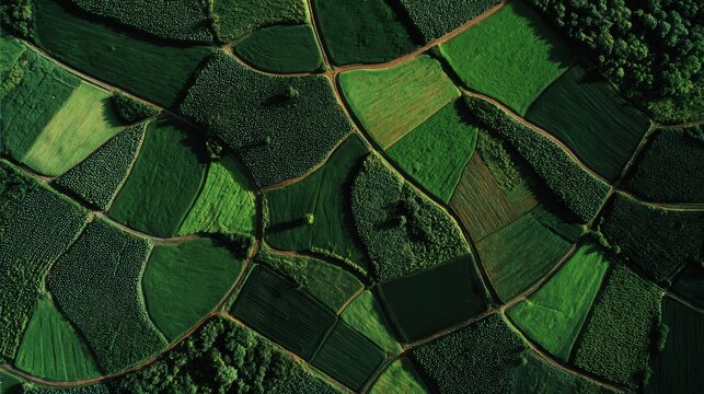 Aerial view of green patchwork farmland, showcasing a diverse landscape of cultivated fields. The intricate patterns created by the farmlands create a unique and visually captivating scene