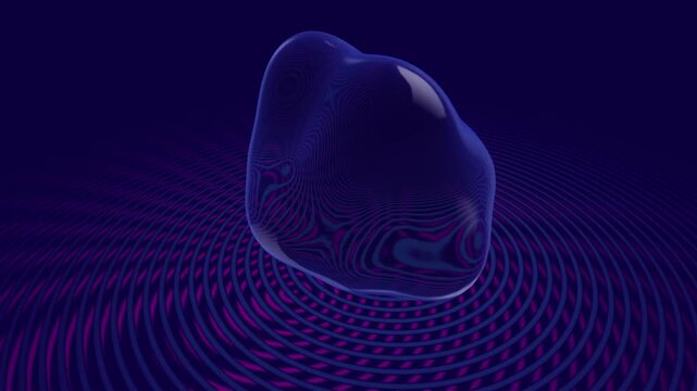 Organic iridescent glass form showing distorted reflections hovering above a receding circular ripple floor in a dark violet studio setting for futuristic tech presentations