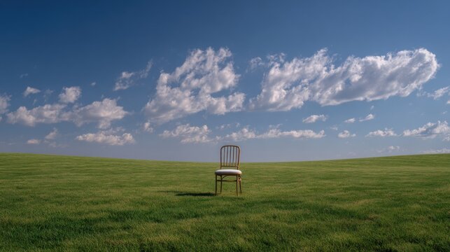 An inviting empty chair in the middle of a vast, open field with the sky above 