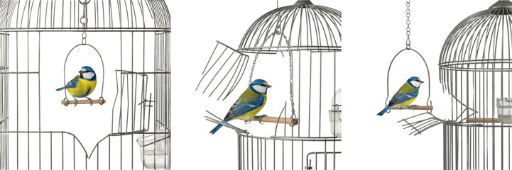 Set of Blue Tit Birds on Swings Inside Silver Wire Cages with Open Door Isolated on White Background © Wazir