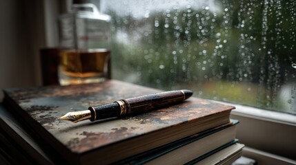 Fototapeta premium A vintage pen on a stack of old books by a window with raindrops, perfect for creative writing
