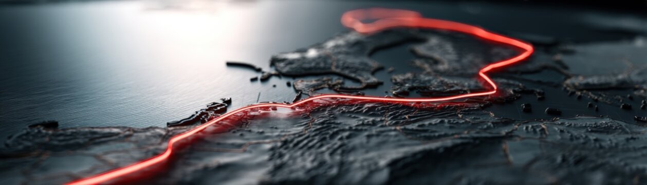 A dark, textured 3D map with a glowing red line tracing a route across land and water, highlighting geographic and navigational elements, the US - Iran War Effects