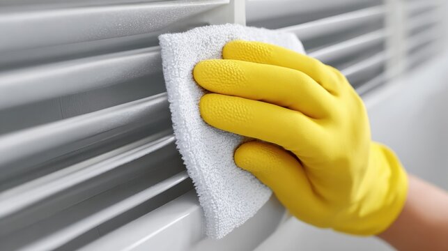 Cleaning blinds with a white cloth and a yellow glove, showcasing hygiene and cleanliness. The hand is in motion, removing dust or dirt from the shutters