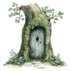 Naklejka premium Watercolor fairy tree door with mossy bark and teal wooden entrance