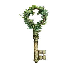 Naklejka premium Watercolor illustration of an antique stone key overgrown with green ivy isolated on white 