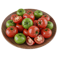 Fototapeta premium Fresh ripe red and green tomatoes in wooden bowl cutout isolated on transparent background