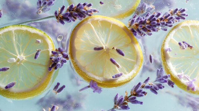Refreshing arrangement: lavender and lemon slices in water. A bright and airy composition, perfect for showcasing a fresh and vibrant concept