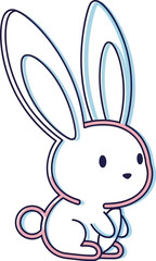 Obraz premium Adorable small white cartoon rabbit illustration featuring a charming simple outline effect with cyan and magenta accents isolated on white.