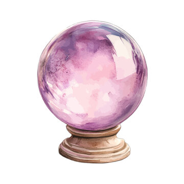 Watercolor purple crystal ball on wooden stand isolated on white