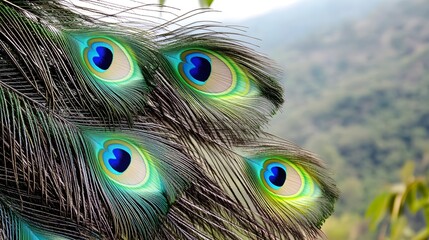 Obraz premium Closeup of iridescent peacock feather eyes with blurred green background
