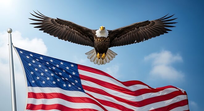 Majestic eagle soaring above waving American flag on flagpole against clear blue sky with white clouds, captured from a low angle view c23