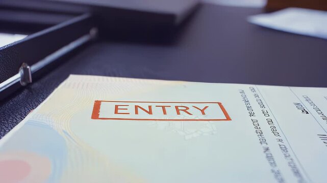 Wooden stamp presses down onto document, leaving a clear imprint of the word ENTRY on a colorful certificate placed on a dark table with office supplies nearby