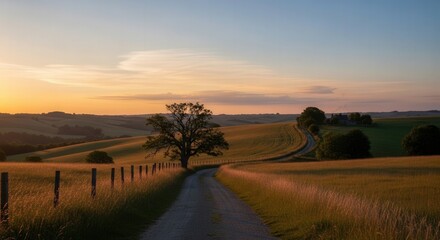 Obraz premium Serene Countryside Landscape with Gravel Path and Sunset Sky