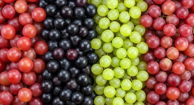 Image is a high-resolution, top-down photograph featuring an assortment of grapes arranged in a visually appealing layout. The composition is divided into four vertical sections, each showcasing a dif