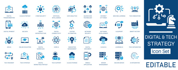 Digital and Tech Strategy solid icon set. Featuring Artificial Intelligence, Cyber Security, Cloud Computing, and Big Data. Solid glyph vector icons for IT, software, and innovation projects.