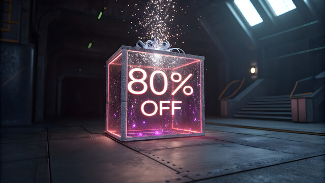 Holographic 80 percent off sale neon digital discount box glowing futuristic warehouse background