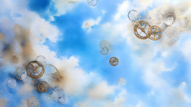 Surreal clockwork gears float peacefully against a bright blue sky watercolor art illustration