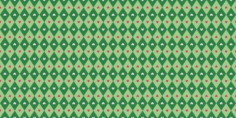 Fototapeta premium Green argyle seamless pattern with pink hearts, classic diamond check background for Valentine's Day, wrapping paper, or textile design.