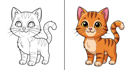 Obraz premium Cute cat coloring page for kids playful kitten outline illustration before and after coloring