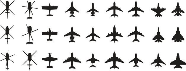 Fototapeta premium Professional vector set of various airplane silhouettes featuring commercial airliners, private jets, helicopters, and military aircraft icons in top-view profiles.