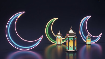 Cyber Neon 3D Crescent Moon and Lantern Ramadan Decorative Element