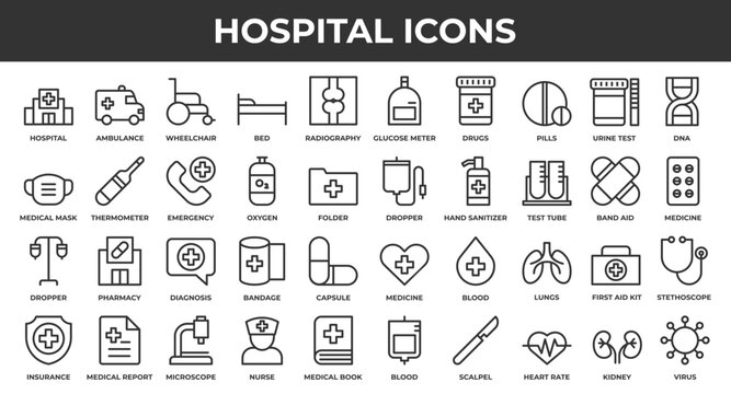 Hospital icon set, consisting of line icons such as ambulance, thermometer, medicine, scalpel, stethoscope and others