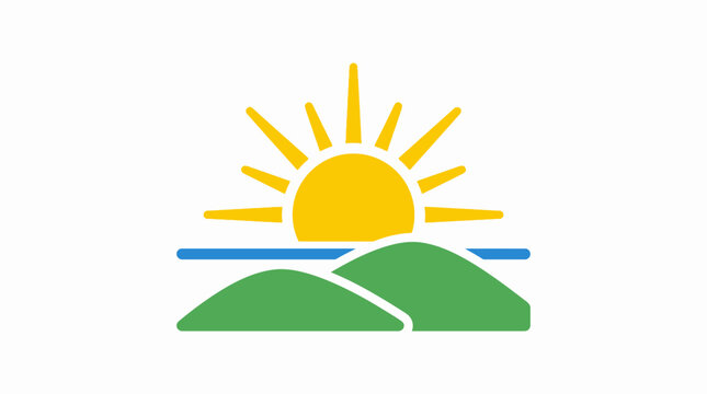 Minimalist flat design vector icon depicting a bright yellow sun rising or setting over green hills and a blue ocean horizon.