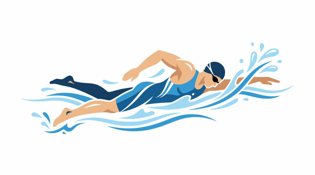 Dynamic swimmer performing front crawl stroke in water with splashes, illustrating aquatic fitness and competitive sport.