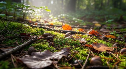Fototapeta premium Sunlit Forest Floor with Fallen Leaves, Moss and Forest Debris
