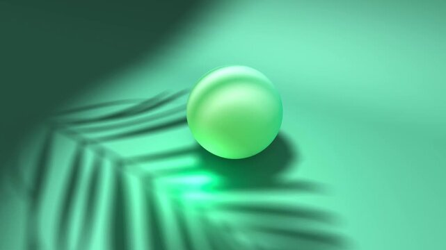 Single green matte sphere placed on a mint green background with a sharp palm leaf shadow representing minimalist product photography and eco-friendly concepts