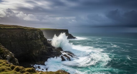 Obraz premium Dramatic Coastal Cliff Scene with Ocean Waves and Stormy Sky
