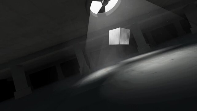 Cinematic interior of a dark brutalist concrete hall with a single light beam shining through a circular ceiling vent onto a floating metallic cube object