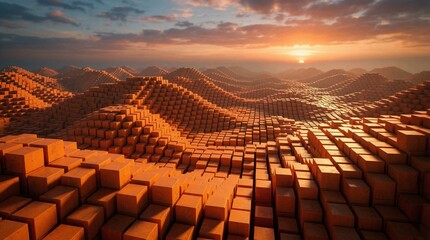 Obraz premium Abstract 3D landscape of orange cubes, sunset, digital art, surreal terrain, geometric shapes