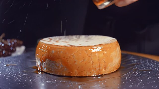 Close-up of a hand applying a glossy glaze to a round cheese wheel on a metallic surface, with a dark background and scattered sugar crystals enhancing the visual appeal