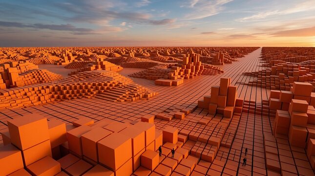 Abstract orange voxel landscape at sunset with geometric patterns and endless horizon