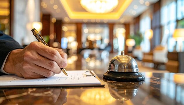 Guest signing hotel registration form at reception desk with bell.