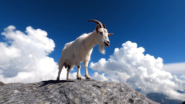 Majestic White Mountain Goat Stands Proudly on Rocky Summit Against a Vibrant Blue Sky with Fluffy White Clouds