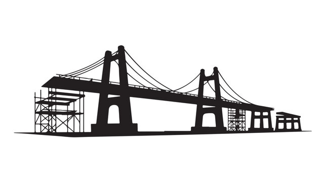 Suspension Bridge Under Construction in Modern Silhouette with Dramatic Lighting on White Background for Infrastructure Project