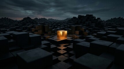 Obraz premium Glowing golden cube on a dark, futuristic cityscape, abstract concept, dramatic lighting, sci-fi.