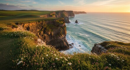 Naklejka premium Scenic Coastal Cliffs During Sunset with Lush Greenery and Ocean Views