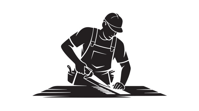 Carpenter at work in monochrome illustration with bold lines and stark contrast for graphic design