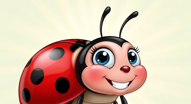 Adorable friendly cartoon ladybug illustration featuring large expressive eyes and a joyful smile isolated on a clean bright white background representing happiness and nature.