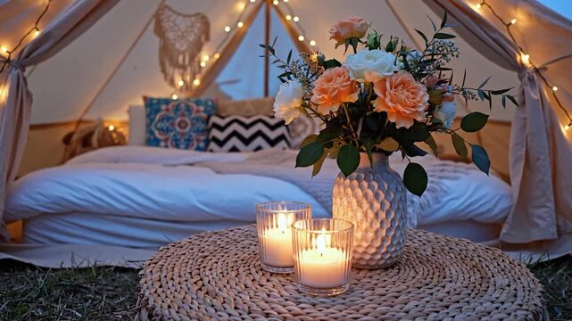 Cozy glamping tent bedroom interior illuminated with warm string lights and candles romantic outdoor sleeping setup
