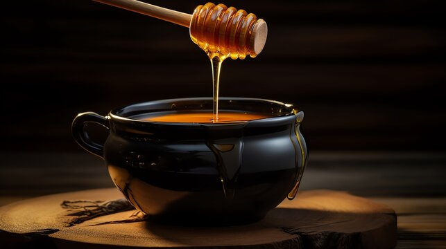 Golden honey drips from a wooden dipper.