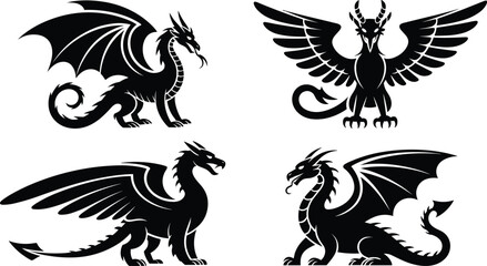 Obraz premium Dragon silhouette collection, mythical fantasy creature vector set with wings and horns, medieval monster emblem design isolated illustration