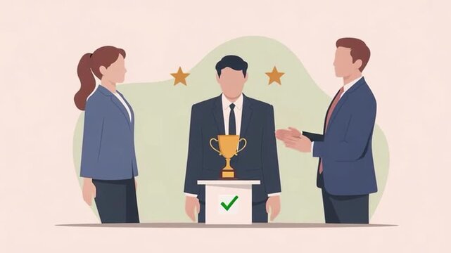 Business professionals celebrating a significant achievement featuring a central award recipient holding a golden trophy while colleagues applaud 