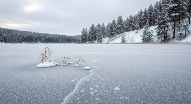 Serene Snow-Covered Lake Scene with Pine Trees and Footsteps in Winter Landscape