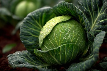 Obraz premium Fresh green cabbage growing in garden with dewdrops
